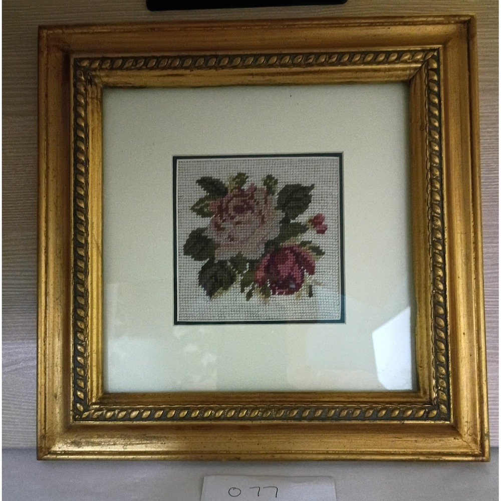 Vintage Rose Needlepoint Framed Art Gold Wood Ornate Frame Floral Wall Decor